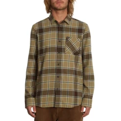 Volcom Caden Plaid Long Sleeve Shirt In Khaki