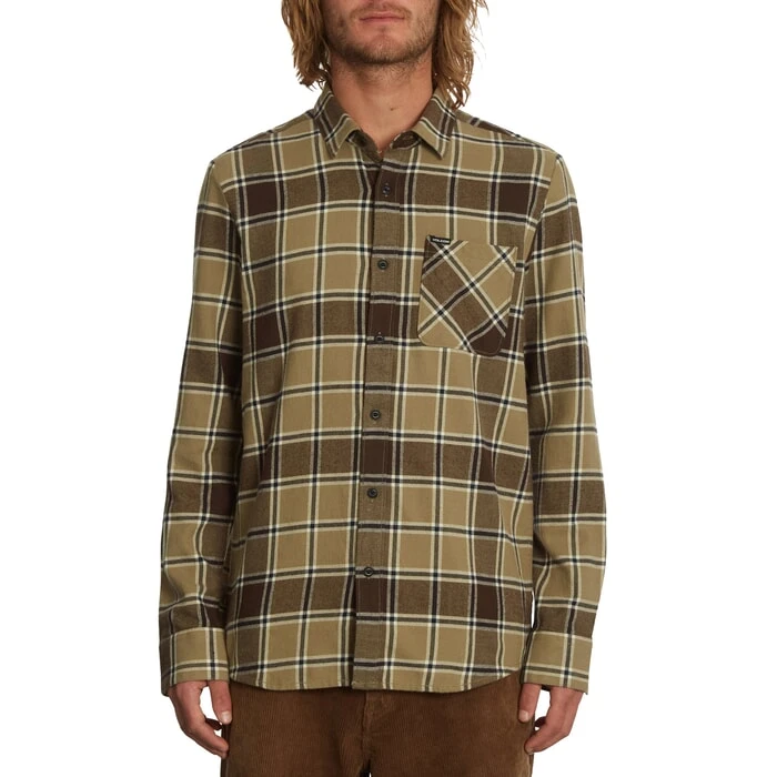 Volcom Caden Plaid Long Sleeve Shirt In Khaki 1 Volcom Caden Plaid Long Sleeve Shirt In Khaki